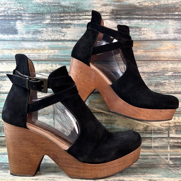 Free People Platform Clogs Womens Cedar Size 9 Black Suede Boho Wooden Chunky - Picture 1 of 12
